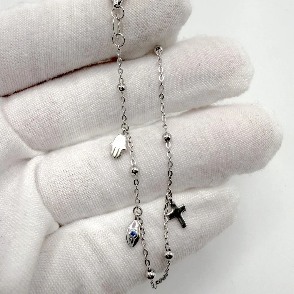 6.75” Dainty .925 Sterling Silver Dangle Eye, Cross and Hamsa Charm Bracelet